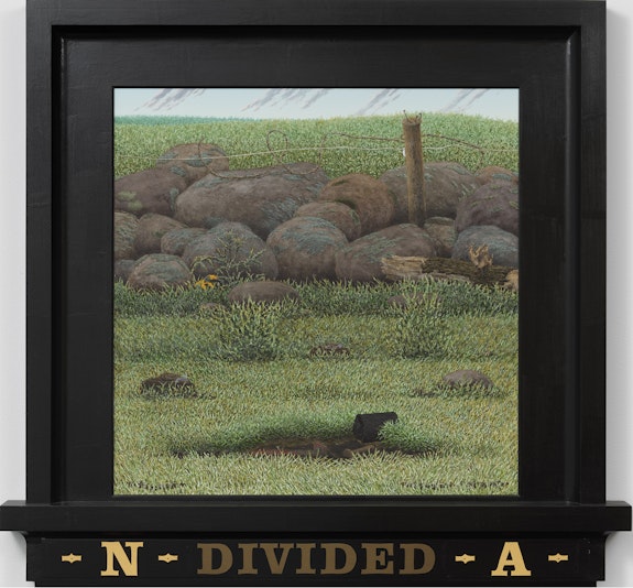 Neil Jenney, <em>North America Divided</em>, 1992-94. Oil on wood in artist's painted wood frame, 54 x 58 1/2 inches. © Neil Jenney. Photo: Rob McKeever. Courtesy Gagosian.