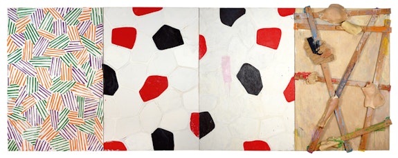 Jasper Johns, <em>Untitled</em>, 1972. Oil, encaustic, and collage on canvas with objects (four panels), 72 × 192 1/4 in. (182.9 × 488.3 cm) overall. Museum Ludwig, Cologne; donation Ludwig, 1976.© 2021 Jasper Johns/VAGA at Artists Rights Society (ARS), New York.