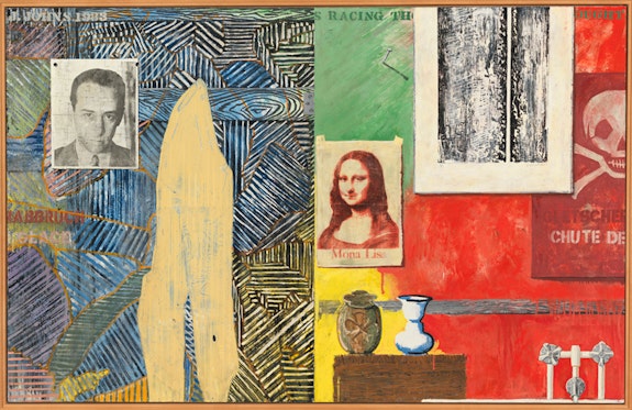 Jasper Johns, <em>Racing Thoughts</em>, 1983. Encaustic and collage on canvas, 48 1/8 × 75 3/8 in. (122.2 × 191.5 cm). Whitney Museum of American Art, New York; purchase, with funds from the Burroughs Wellcome Purchase Fund; Leo Castelli; the Wilfred P. and Rose J. Cohen Purchase Fund; the Julia B. Engel Purchase Fund; the Equitable Life Assurance Society of the United States Purchase Fund; The Sondra and Charles Gilman, Jr. Foundation, Inc.; S. Sidney Kahn; The Lauder Foundation, Leonard and Evelyn Lauder Fund; the Sara Roby Foundation; and the Painting and Sculpture Committee 84.6. © 2021 Jasper Johns / Licensed by VAGA at Artists Rights Society (ARS), NY. Photograph by Jamie Stukenberg, Professional Graphics, Rockford, Illinois