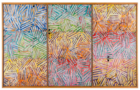 Jasper Johns, <em>Usuyuki</em>, 1982. Encaustic on canvas (three panels), 71 × 113 3/4 in. (180.3 × 288.9 cm) overall. Sezon Museum of Modern Art, Nagano, Japan.© 2021 Jasper Johns/VAGA at Artists Rights Society (ARS), New York.