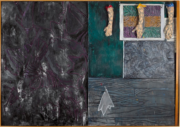 Jasper Johns, <em>Perilous Night</em>, 1982. Encaustic on canvas with objects, 67 1/4 × 96 1/8 in. (170.8 × 244.2 cm). National Gallery of Art, Washington, DC; Robert and Jane Meyerhoff Collection, 1995.79.1. © 2021 Jasper Johns/VAGA at Artists Rights Society (ARS), New York.