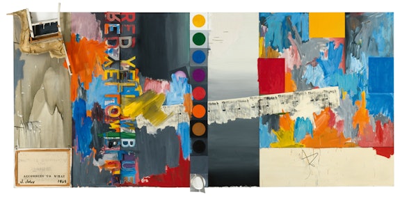 Jasper Johns, <em>According to What</em>, 1964. Oil, charcoal, and graphite on canvas with objects (six panels), 88 × 191 3/4 in. (223.5 × 487 cm) overall. The Middleton Family Collection. © 2021 Jasper Johns / Licensed by VAGA at Artists Rights Society (ARS), NY. Philadelphia Museum of Art Photo Studio; Joseph Hu