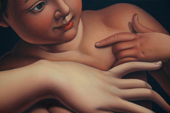 Jesse Mockrin, <em>Mother and Child II</em>, 2021. Oil on linen, 9 1/2 x 12 1/2 inches. Courtesy Friends Indeed Gallery.