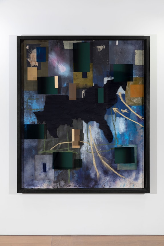 Radcliffe Bailey, <em>Slow Blues</em>, 2021. Mixed media including flock, map of Southern US in foamcore, and acrylic paint on paper, with window tint elements adhered to glazing, 72 x 60 x 6 inches. © Radcliffe Bailey. Courtesy Jack Shainman Gallery, New York.