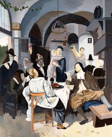 Larry Day, <em>After Jan Steen</em>, 1962. Oil on canvas, 58 1⁄2 x 48 in. (Woodmere Art Museum: Gift of Ruth Fine in honor of William R. Valerio, 2020) Courtesy Woodmere Art Museum