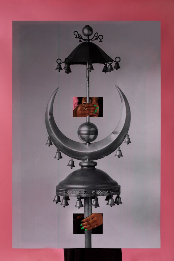 Baseera Khan, <em>Jingle Johnny Processional Stand Pink from Law of Antiquities</em>, 2021. Archival inkjet print, artist’s custom frame, 60 × 40 in. (152.4 × 101.6 cm). Courtesy of the artist and Simone Subal Gallery, New York. © Baseera Khan.