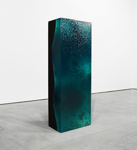 Ashley Bickerton,  <em>°36’06.2"N, 131°09’41.8"E 1</em>, 2022. Resin, fiberglass, stainless steel, wood. 72 x 24 x 16.13 inches. Courtesy the artist and Lehmann Maupin, New York, Hong Kong, Seoul, and London.