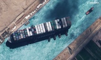 Container ship, Ever Given, stuck in the Suez Canal. ©2021 Maxar Technologies.