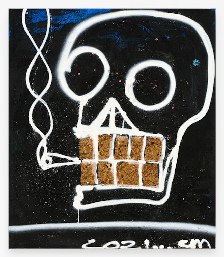 Chris Martin, <em>Gold Teeth for Lance De Los Reyes</em>, 2021. Acrylic, spraypaint, and collage on canvas, 40 x 34 1/2 inches. © Chris Martin. Courtesy the artist and Anton Kern Gallery, New York.
