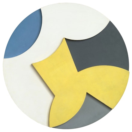 Sophie Taeuber-Arp, <em>“Flight”: Round Relief in Three Heights</em>, 1937. Oil on plywood. 23 5/8 inches diameter. Stiftung Arp e.V., Berlin. Photo Alex Delfanne.