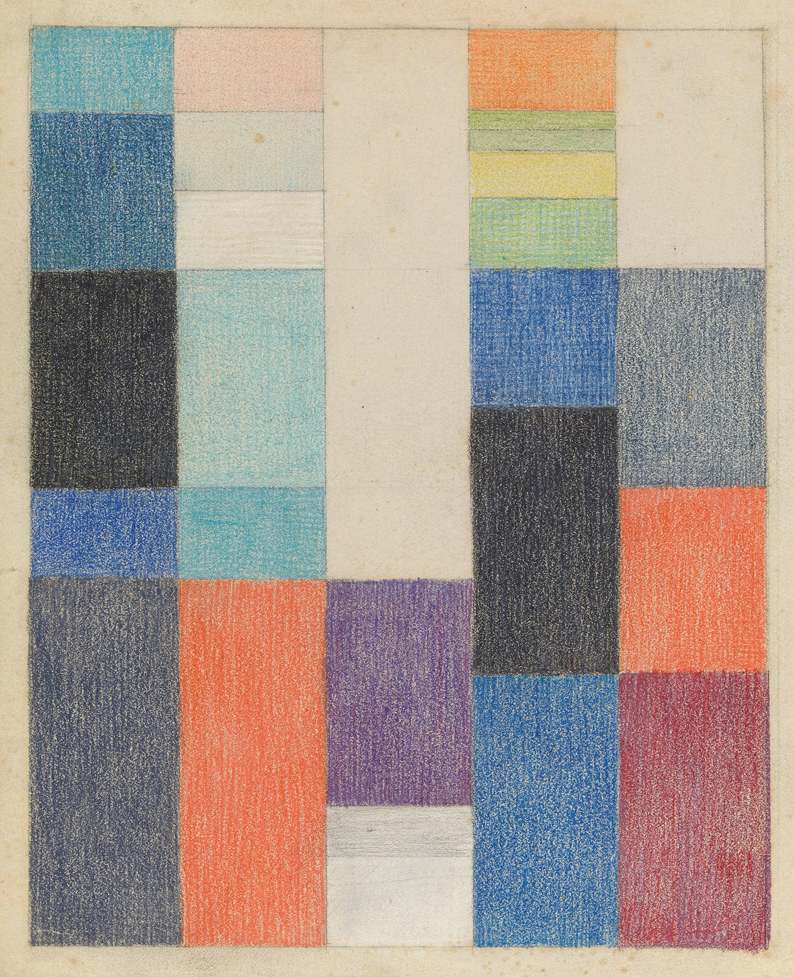 Sophie Taeuber-Arp, <em>Vertical-Horizontal Composition</em>, 1916. Colored pencil, gouache, and pencil on paper. 9 7/16 x 7 3/4 inches. Stiftung Arp e.V., Berlin. Photo: Alex Delfanne.