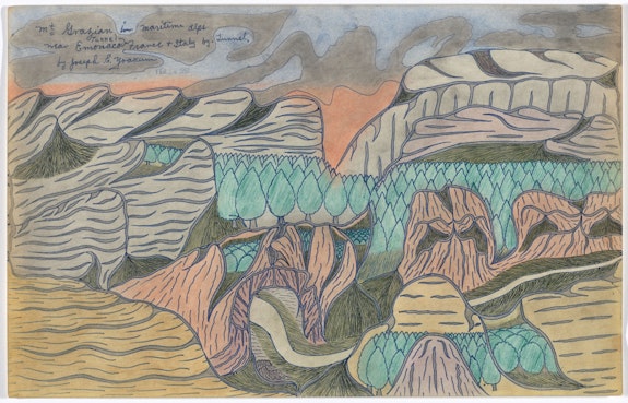 Joseph E. Yoakum, <em>Mt Grazian in Maritime Alps near Emonaco Tunnel France and Italy by Tunnel</em>, c. mid-1960s (stamped 1958). Black ballpoint pen, blue felt‑tip pen, and colored pencil on paper. 12 x 19 inches. Gift of the Raymond K. Yoshida Living Trust and Kohler Foundation, Inc. Photo: Robert Gerhardt.