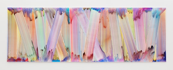 Bernard Frize, <em>Ourte</em>, 2021. Acrylic and resin on canvas, 88 9/16 x 255 7/8 x 1 inches. Courtesy the artist and Perrotin. Photo: Guillaume Ziccarelli. © Bernard Frize / ADAGP, Paris & ARS, New York 2022.