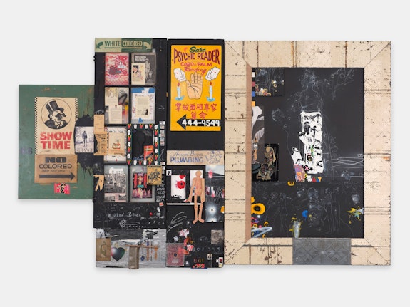 Raymond Saunders, <em>Beauty in Darkness</em>, 1993–99. Mixed media, collage on board, 96 1/2 x 180 x 6 1/2 inches. Courtesy Andrew Kreps Gallery. 