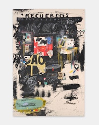 Raymond Saunders, <em>Recuerdos, Not in the Chair</em>, 1989. Mixed media on canvas, 123 x 78 1/2 inches. Courtesy Andrew Kreps Gallery. 