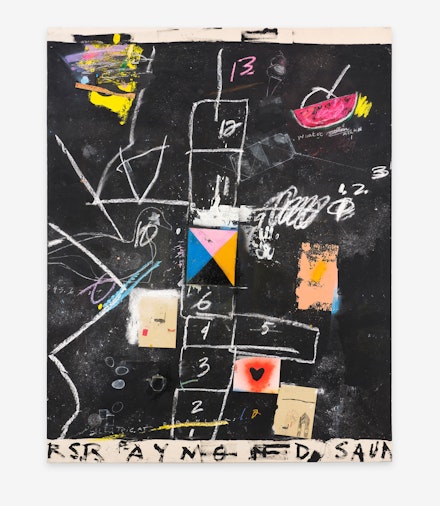 Raymond Saunders, <em>Celeste Age 5 Invited Me To Tea</em>, 1986. Mixed media on canvas, 104 x 83 1/8 inches. Courtesy Andrew Kreps Gallery. 
