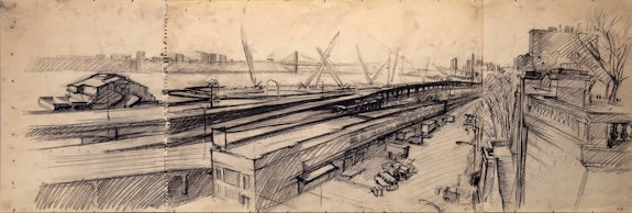 Rackstraw Downes, <em>Hudson River Sewage Treatment Plant Under Construction</em>, 1996. Graphite on off white paper, 12 x 35 inches. Courtesy Betty Cuningham, New York.