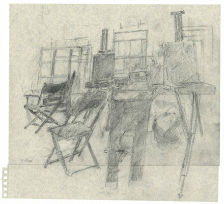 Rackstraw Downes, <em>In the Artist's Studio XII</em>, 2020. Graphite on cream paper with blue threads 12 1/4 x 11 1/2 inches. Courtesy Betty Cuningham, New York.