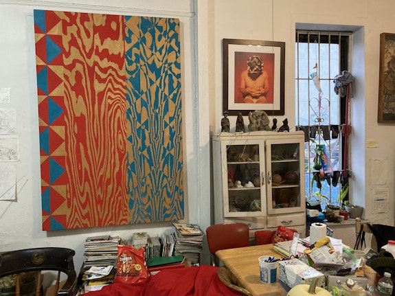 Brigitte Engler, <em>Acid Day</em>. Painting on plywood. Photo: John Ahearn (in his apartment).
