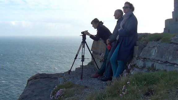 Sylvère with Vivienne Dick and Katherine Waugh, filming on Dun Aengus. Courtesy Katherine Waugh. Photo: David Morris. 