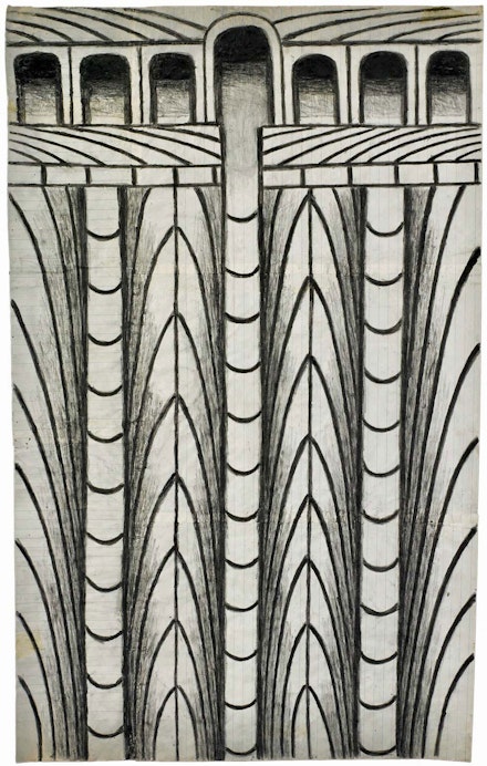 Martín Ramírez, <em>Untitled (Abstraction with Arches)</em>, c. 1960–63. Graphite and gouache on pieced paper, 24 x 15 inches.