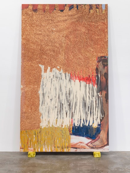 Beverly Semmes, <em>Copper Curtain</em>, 2021. Acrylic and glitter over photograph printed on canvas, 91 1/2 x 54 1/4 inches. Courtesy Susan Inglett Gallery, New York.