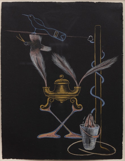 Valentine Hugo, Tristan Tzara, André Breton, <em>Cadavre exquis</em>, c. 1930. Pastel on black construction paper, 12 1/8 x 9 3/8 inches. Private collection, New York Courtesy of Kasmin, New York.