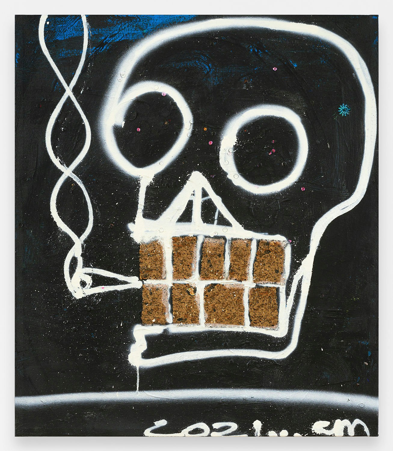 Chris Martin, <em>Gold Teeth for Lance De Los Reyes</em>, 2021. Acrylic, spraypaint, and collage on canvas, 40 x 34 1/2 inches. © Chris Martin. Courtesy the artist and Anton Kern Gallery, New York.