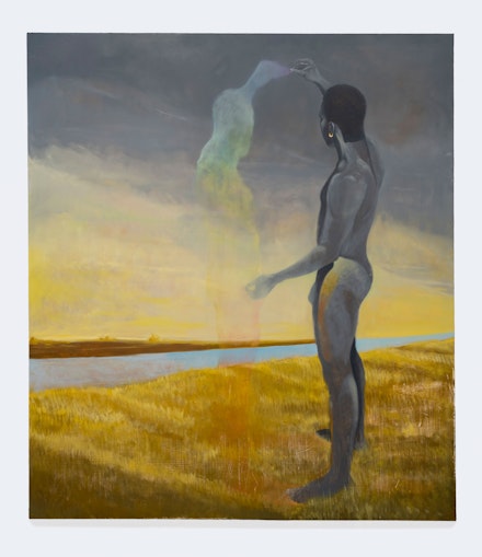 Dominic Chambers, <em>To encounter a shadow</em>, 2022. Oil on linen, 80 x 70 inches. Courtesy the artist and Lehmann Maupin, New York, Hong Kong, Seoul, and London.