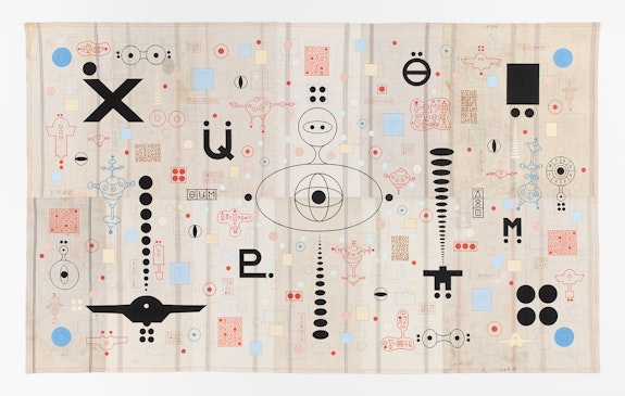 Karla Knight, <em>Fantastic Universe (More Than You Know)</em>, 2020-21. Flashe, acrylic marker, pencil, and embroidery on cotton, 73 ½ x 120 inches. Courtesy of the artist and Andrew Edlin Gallery, New York.