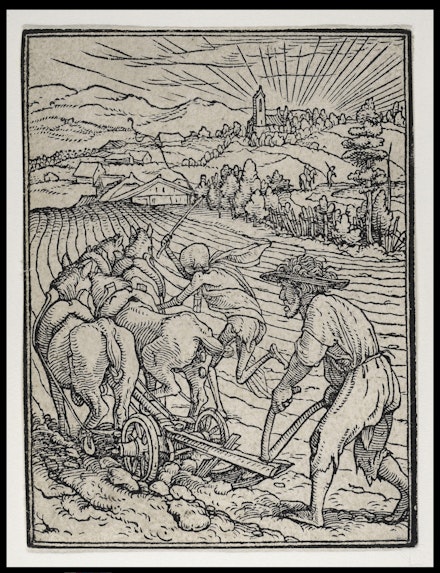 Hans Lützelburger, after designs by Hans Holbein the Younger, <em>Death and the Plowman</em>, ca. 1526. Woodcut, 2 9/16 x 1 15/16 inches. © The Metropolitan Museum of Art. Photo: Art Resource, NY.