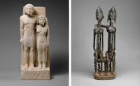 Left: <em>The King's Acquaintances Memi and Sabu</em>, Egypt, Old Kingdom, ca. 2575–2465 B.C. Limestone, paint, 24 7/16 x 9 5/8 x 6 5/16 inches. Right: <em>Figure: Seated Couple</em>, Mali, Dogon peoples, 18th–early 19th century. Wood, metal, 28 3/4 x 8 5/8 x 8 inches. Metropolitan Museum of Art, New York.