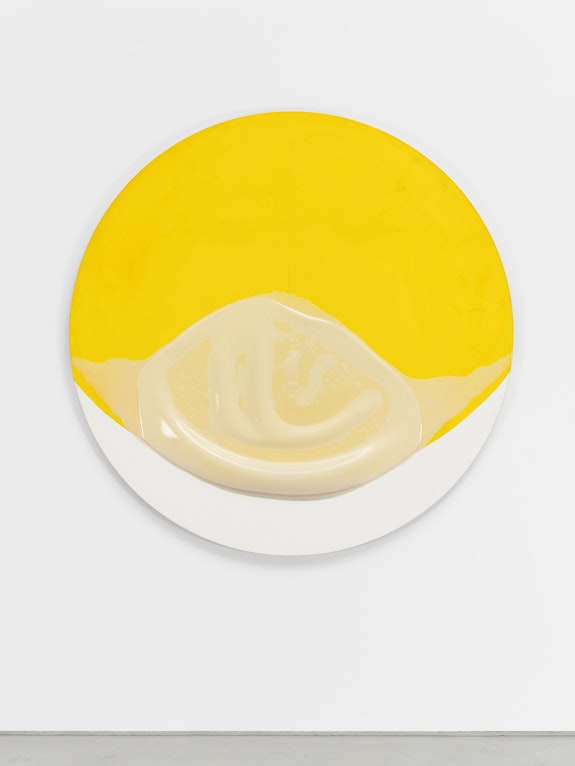 Takesada Matsutani, <em>Circle Yellow-19</em>, 2019. Vinyl adhesive, acrylic, canvas, plywood. 64 x 64 x 3 1/2 inches © Takesada Matsutani. Courtesy the artist and Hauser & Wirth.Photo: Thomas Barratt