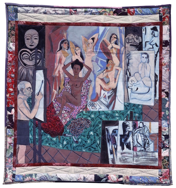 Faith Ringgold, <em>Picasso’s Studio: The French Collection Part I, #7</em>, 1991. Acrylic on canvas, printed and tie-dyed pieced fabric, ink, 73 x 68 inches. Worcester Art Museum. © Faith Ringgold / ARS, NY and DACS, London, courtesy ACA Galleries, New York 2022.
