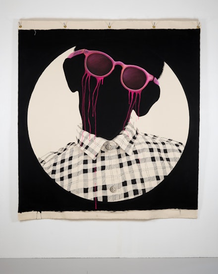 Judith Braun, <em>Rose Colored Glasses</em>, 2021. Acrylic on raw unstretched canvas, grommets, 79 x 72 inches. Courtesy the artist.