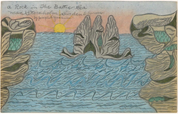 Joseph E. Yoakum, <em>A Rock in the Baltic Sea near Stockholm Sweden E. Europe</em>, n.d. Carbon transfer, black ballpoint pen, and colored pencil on paper, 12 x 19 inches. The Museum of Modern Art, New York. Photo: Robert Gerhardt.