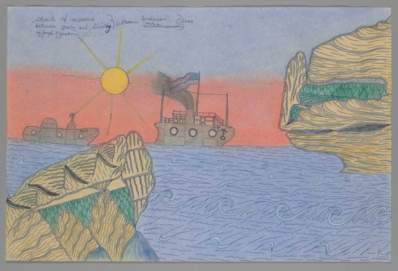 Joseph E. Yoakum, <em>Straits of Messina between Italy and Sicily between Tynhenian and Mediterranean Seas</em>, stamped 1968. Gray felt-tip pen, black fountain pen, blue ballpoint pen, pastel, and colored pencil on paper, 11 13/16 × 17 15/16 inches. Courtesy the Art Institute of Chicago.
