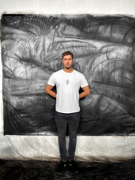 Vasyl Savchenko, work from the series “MP,” 2021. Charcoal on canvas, 3 x 2 meters.  