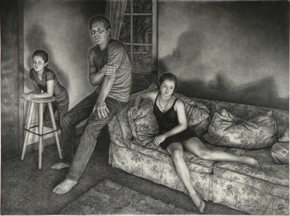 Edgar Jerins, <em>Emma and Kiera at Dad's</em>, 2009. Charcoal on paper, 60 x 86 inches. 