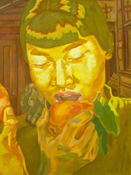 Livien Yin, <em>Pear Picker</em>, 2021. Oil on gessoboard, 18 x 24 inches. Courtesy the artist and Friends Indeed Gallery.