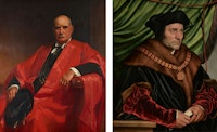 Left: Frank Owen Salisbury, <em>Portrait of J.P. Morgan, Jr.</em>, 1933. Oil on canvas, 45 1/2 x 35 1/2 inches. Collection of the Morgan Library and Museum. Right: Hans Holbein the Younger, <em>Sir Thomas More</em>, 1527. Oil on panel, 29 1/2 x 23 3/4 inches. The Frick Collection, New York. Photo: Michael Bodycomb.