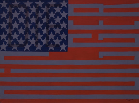 Faith Ringgold,<em> Black Light Series #10: Flag for the Moon: Die Nigger</em>, 1969. Oil on canvas,36 × 50 in (91.4 × 127 cm). Glenstone Museum, Potomac, Maryland. © Faith Ringgold / ARS, NY and DACS, London, courtesy ACA Galleries, New York 2022.