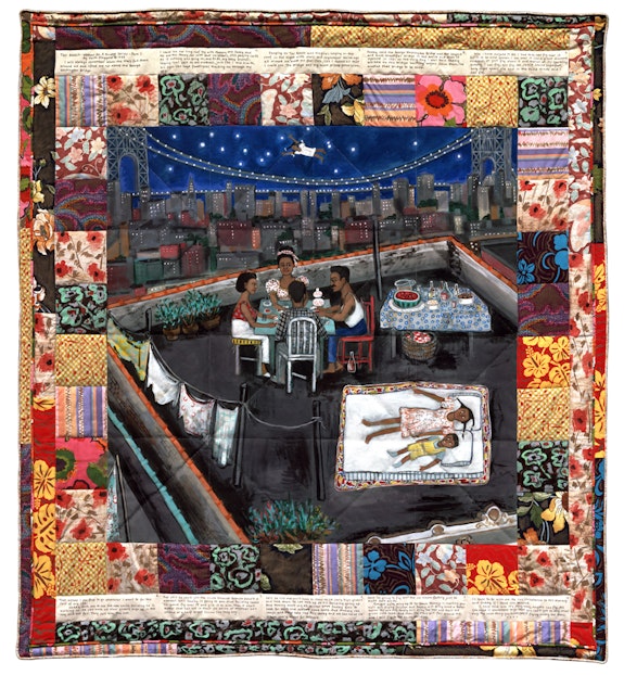 Faith Ringgold, <em>Woman on a Bridge #1 of 5: Tar Beach</em>, 1988. Acrylic paint, canvas, printed fabric, ink, and thread, 74 5/8 x 68 ½ in. (189.5 x 174 cm). Solomon R. Guggenheim Museum, New York; Gift Mr. and Mrs. Gus and Judith Leiber, 88.3620. © Faith Ringgold / ARS, NY and DACS, London, courtesy ACA Galleries, New York 2022