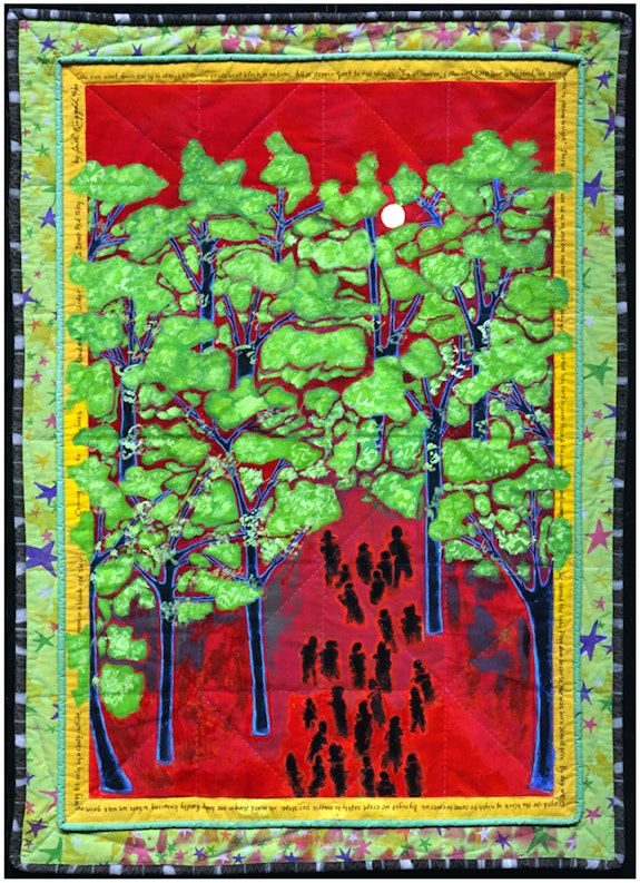 Faith Ringgold,<em> Coming to Jones Road #4: Under a Blood Red Sky</em>, 2000. Acrylic on canvas with painted and pieced border. 78.5 X 52.5 inches. © Faith Ringgold / ARS, NY and DACS, London, courtesy ACA Galleries, New York 2022.