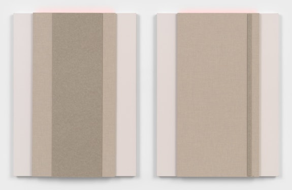 Jennie C. Jones, <em>Neutral [clef] Structure 1st & 2nd</em>, 2021. Acoustic panel and acrylic on canvas, diptych, 48 × 36 × 3.5 inches each. © Jennie C. Jones, courtesy Alexander Gray Associates, New York, and PATRON Gallery, Chicago.