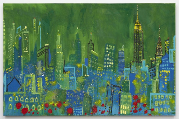 <p>Tabboo!, <em>Big Green Manhattan Skyline</em>, 2021. Acrylic and glitter on canvas, 72 1/2 x 111 1/4 inches. Courtesy Karma, New York.</p>