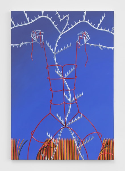 Sascha Braunig, <em>The Fitting</em>, 2020. Oil on linen over panel, 52 x 36 inches. Courtesy Magenta Plains, New York.
