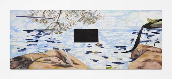 Leidy Churchman, <em>Eternal Life New You</em>, 2021. Oil on linen, two panels, 79 x 205 inches overall. Courtesy Matthew Marks, New York.