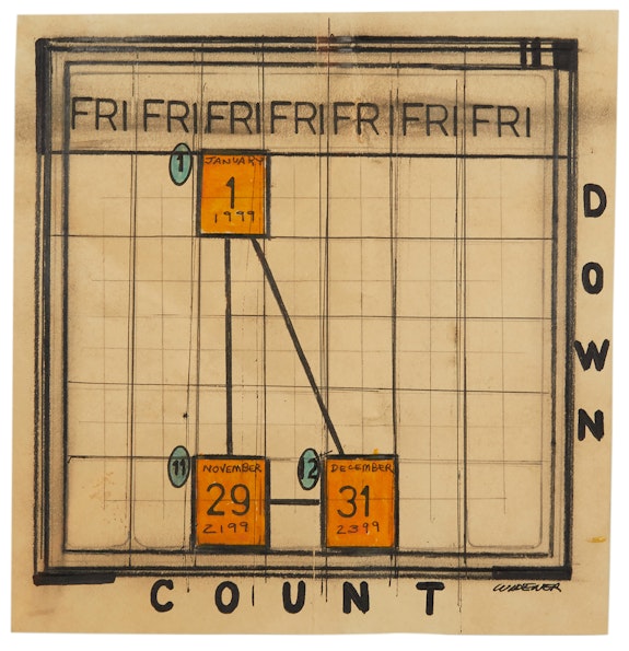 George Widener, <em>Count Down (Week of Fridays)</em>, 2010. Mixed media, 8 x 7 1/2 inches. Courtesy Ricco/Maresca Gallery.