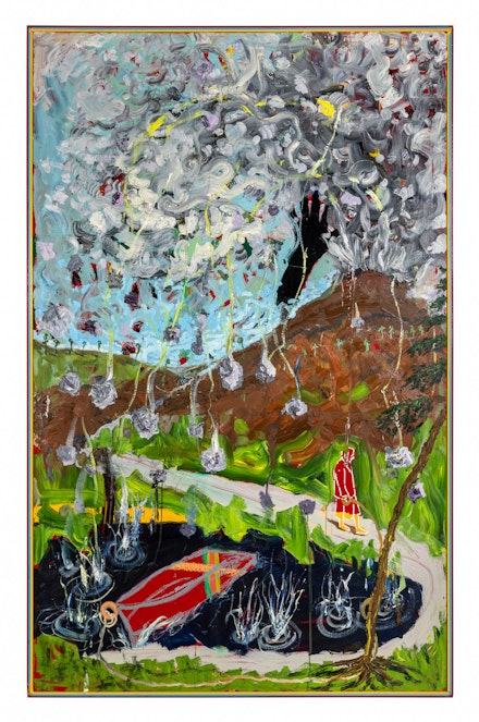 Peter Nadin, <em>Red Figure Walking to Red Boat (Volcano Erupting)</em>, 2020. Oil on panel, 77 7/8 x 49 1/2 in. Photograph by Alon Koppel. Courtesy of the artist and Off Paradise, New York.